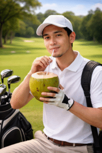 Pria mengenakan pakaian golf minum air kelapa