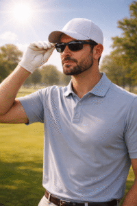 Pria mengenakan pakaian golf dengan topi dan kacamata hitam untuk melindungi diri dari panas matahari saat bermain golf