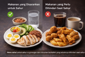 Perbandingan menu sahur sehat dengan ayam, telur, nasi merah, buah dan air putih dibandingkan gorengan serta kopi yang sebaiknya dihindari saat puasa
