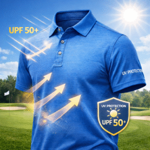 Baju golf dengan bahan UV Protection Fabric UPF 50+ yang melindungi kulit dari sinar matahari saat bermain golf