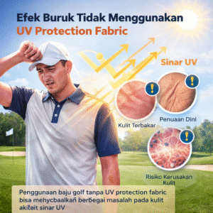 Ilustrasi efek buruk tidak menggunakan baju golf dengan UV protection fabric seperti kulit terbakar, penuaan dini, dan kerusakan kulit akibat sinar UV