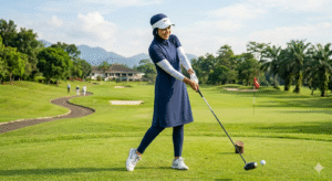 Wanita memakai baju golf tunik