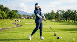 wanita muslim sedang bermain golf