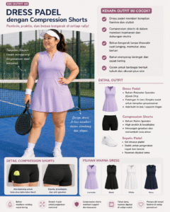 Wanita bertubuh plus size mengenakan dress padel warna lavender dengan compression shorts hitam di lapangan padel, dilengkapi visor putih, sepatu padel putih, dan raket padel untuk tampilan sporty yang feminin dan nyaman.