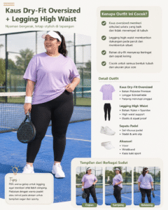 Wanita bertubuh plus size mengenakan outfit padel berupa kaus dry-fit oversized warna lavender dan legging high waist hitam di lapangan padel, lengkap dengan visor putih, sepatu olahraga, dan raket padel.