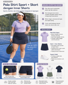 Wanita bertubuh plus size mengenakan outfit padel berupa polo shirt sport warna lavender dan skort navy dengan inner shorts di lapangan padel, dilengkapi visor putih, sepatu olahraga, dan raket padel.