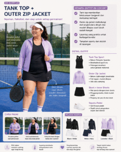 Wanita bertubuh plus size mengenakan outfit padel berupa tank top hitam dengan outer zip jacket warna lavender dan skort hitam dengan inner shorts di lapangan padel, dilengkapi visor putih, sepatu olahraga, dan raket padel.