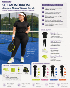 Wanita bertubuh plus size mengenakan outfit padel monokrom dengan atasan olahraga hitam dan legging high waist hitam, dipadukan dengan aksen warna cerah pada sepatu, visor, dan aksesori di lapangan padel.